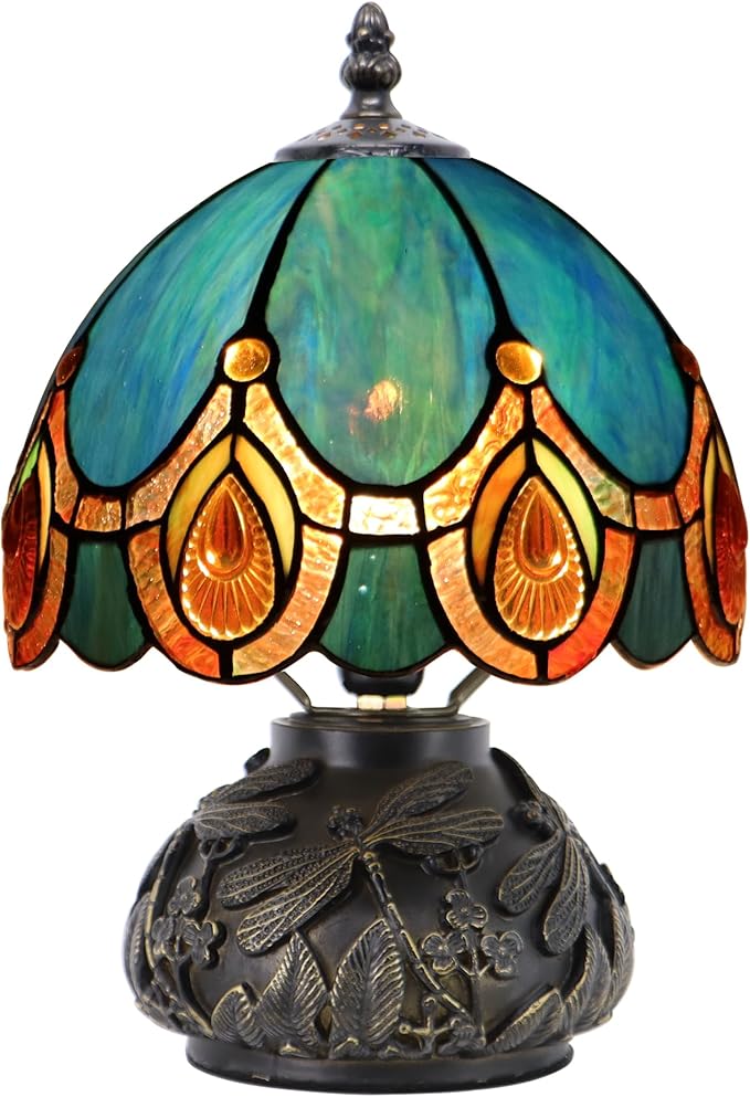 Small Tiffany Mushroom Table Lamp,Mini Memory Sympathy Antique lamp 8X11 Inch (Peacock Crystal)