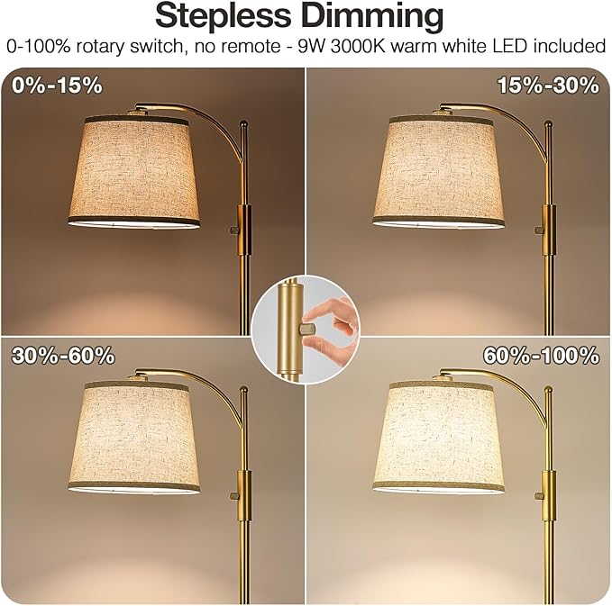 AIDENOEY Fully Dimmable Floor Lamp for Living Room，Standing Lamp Rotary Switch with Table&Linen Beige Shade，Golden Tall Lamps for Bedroom with Adjust Head，9W LED Bulb Included
