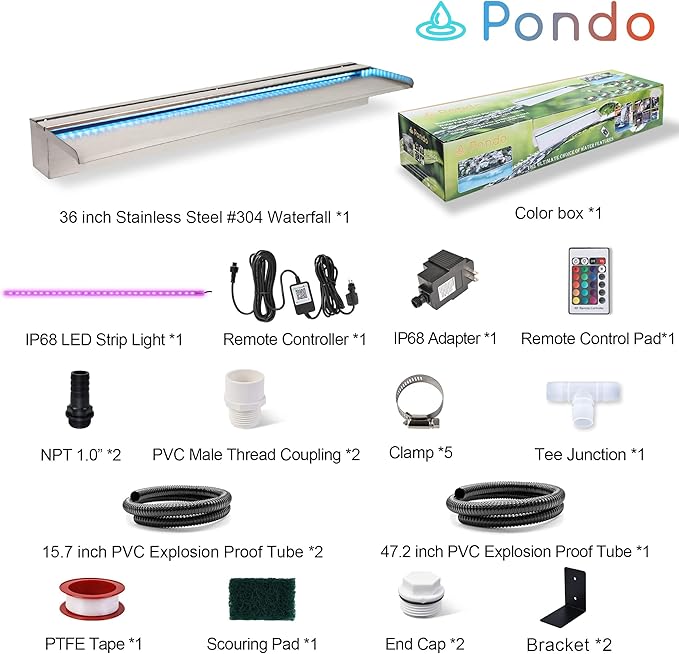 36'' APP Control Pool Waterfall with RGB LED Lights, Stainless Steel Pond Fountain Set for Outdoor Decorations, Patio Waterfall Spillway Kit w/16 Color Changing, Easy Install