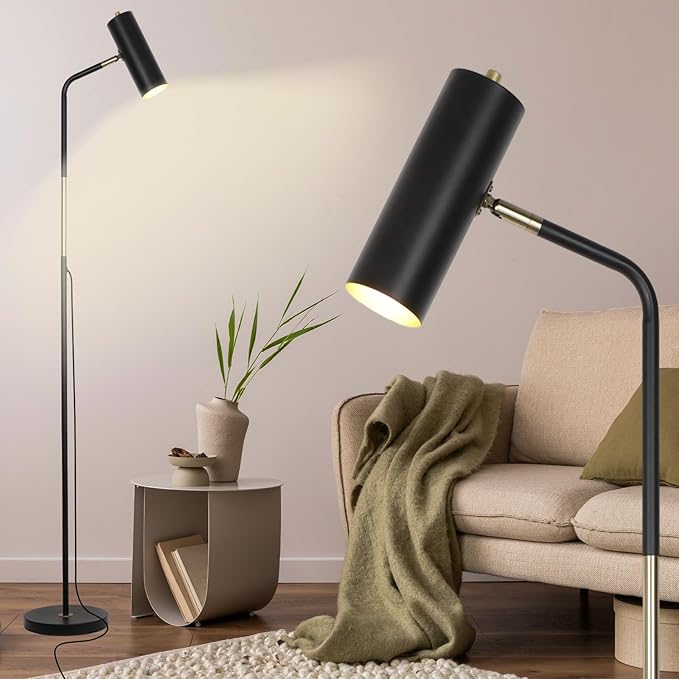 Floor Lamp, Industrial Floor Lamps for Living Rooms & Bedrooms - Rustic Farmhouse Reading Lamp Standing, Adjustable Metal Heads Indoor Task Lighting for Living Room Office Home Décor (LED Black)