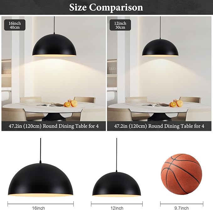 Industrial Pendant Lighting for Kitchen Island, 16 Inch Black and White Metal Dome Pendant Light Fixtures, Farmhouse Hanging Light Fixture E26 Base for Dining Room Foyer Entryway Cafe, 2 Pack