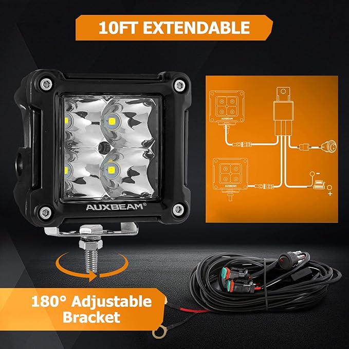 Auxbeam FA Series Spot Beam LED Pod Lights, 3 Inch 40W Cube Offroad Spot Light, with DT Wiring Harness, Driving Auxiliary Ditch Lights, for Truck ATV UTV Jeep Car, Pair