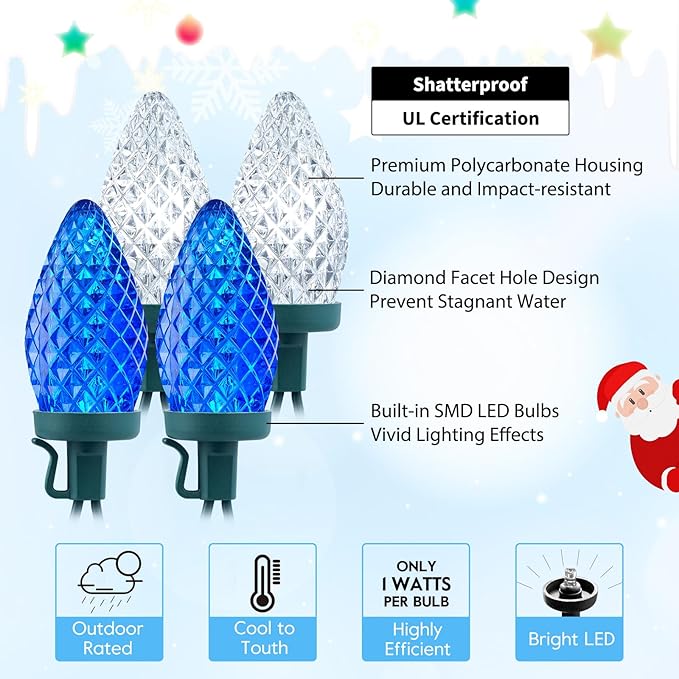 Brightown C9 LED Christmas String Lights, 2 Pack Total 132ft 200LED Outdoor Lights String, Plug-in Connectable Green Wire Lights, Waterproof Roofline Lights String for Outside Yard Christmas Holiday