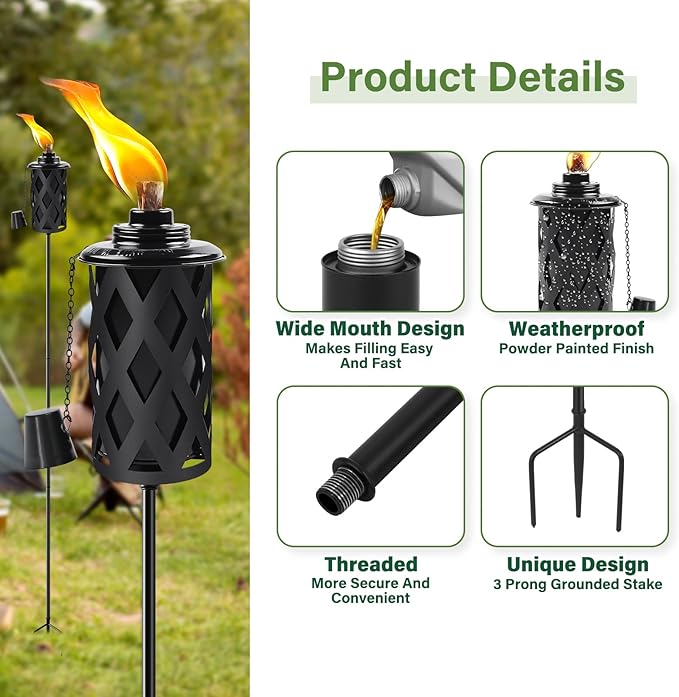 Citronella Torches for Outside Set of 6, 16 Oz Outdoor Torches with 3-Prong Grounded Stake, 59 Inch Metal Torch for Garden Décor, Outside Torches for Backyard, Garden, Patio (Black