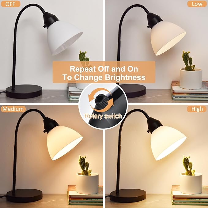 2 Pack LED Desk Lamp for Home Office, 3 Levels Dimmable Reading Light, Flexible Table Lamp for Bedside Office, Rotary Switch Control, Desk Lamp for College Dorm Study, Bulb Included, Black