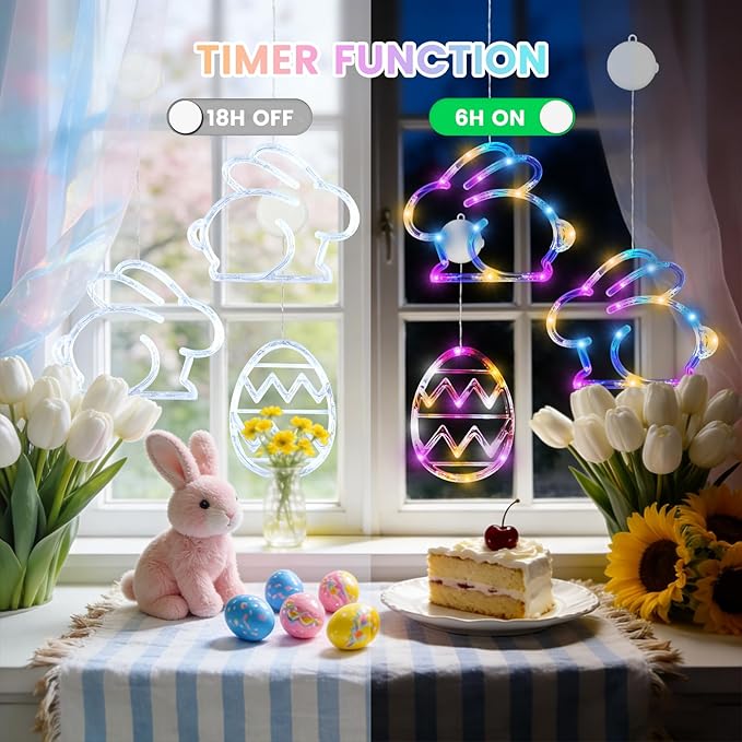 BHCLIGHT 3 Pack Easter Window Lights, Multicolor Bunny and Egg Lights, Battery Operated Easter Window Decorations Light up with Suction Cup and Timer Function for Indoor Window Glass Wall Party Decor