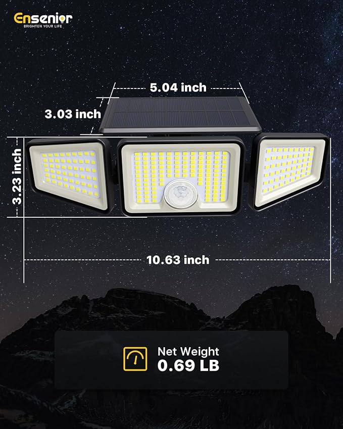 Ensenior Motion Sensor Outdoor Lights, 220 LED IP65 Waterproof Solar Security Light with Remote Control, 3 Heads Solar Flood Light Outdoor with 4 Modes, 270° Wide Angle Motion Light for Outside -4Pack