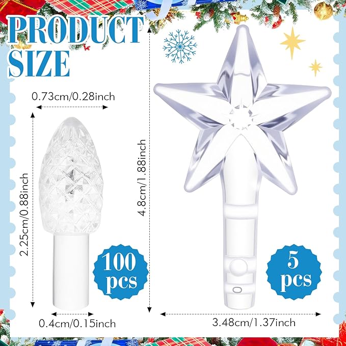 Boao 100 Pieces Ceramic Christmas Tree Bulbs and 5 Stars Replacement Plastic Bulbs for Ceramic Christmas Tree Decorations (4 mm Diameter,Transparent)