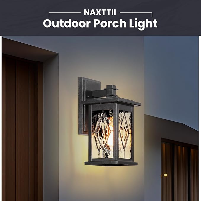Outdoor Wall Sconce Light Matte Black Water Ripple Handmade Glass Shade Waterproof Outdoor Porch Light Wall Mount Aluminum Exterior Wall Light Fixtures
