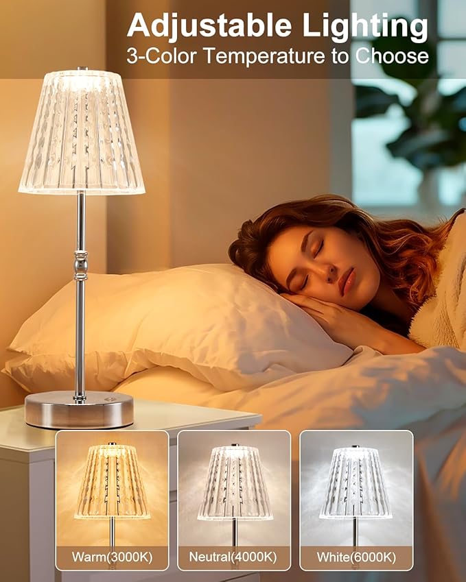 Cordless Table Lamp, 5000mAh Rechargeable Battery Operated Portable Lamp, Dimmable+3 Colors LED Touch Control, Vintage Crystal Lamp for Bedroom, Kitchen, Bar, Office