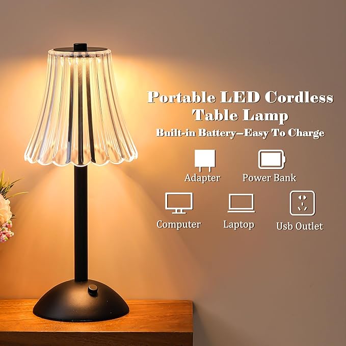 Liliful 4 Pcs Cordless Table Lamp Rechargeable Touch LED Small Gold Portable Battery Operated USB-c Desk Lamp 3 Color Dimmable for Bedroom Living Room Dining (Black,Rose Style)