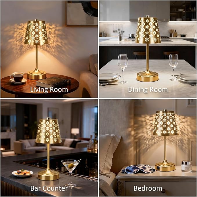 Rechargeable Cordless Table Lamp, Touch Control Battery Powered Bedside Lamp with Floral Cutout Shade, 3 Color Stepless Dimmable Decorative Nightstand Lamp for Bedroom (Gold)