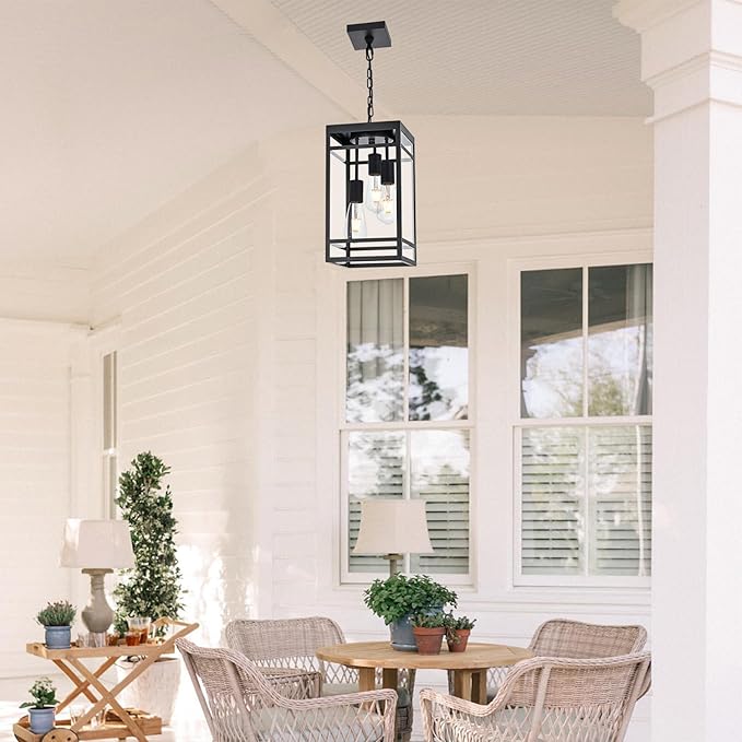 3-Light Outdoor Pendant Lights for Porch, Black Outdoor Chandelier 16'' Large Exterior Hanging Porch Light Fixtures with Clear Glass, Waterproof Outside Pendant Lantern for Garage Foyer