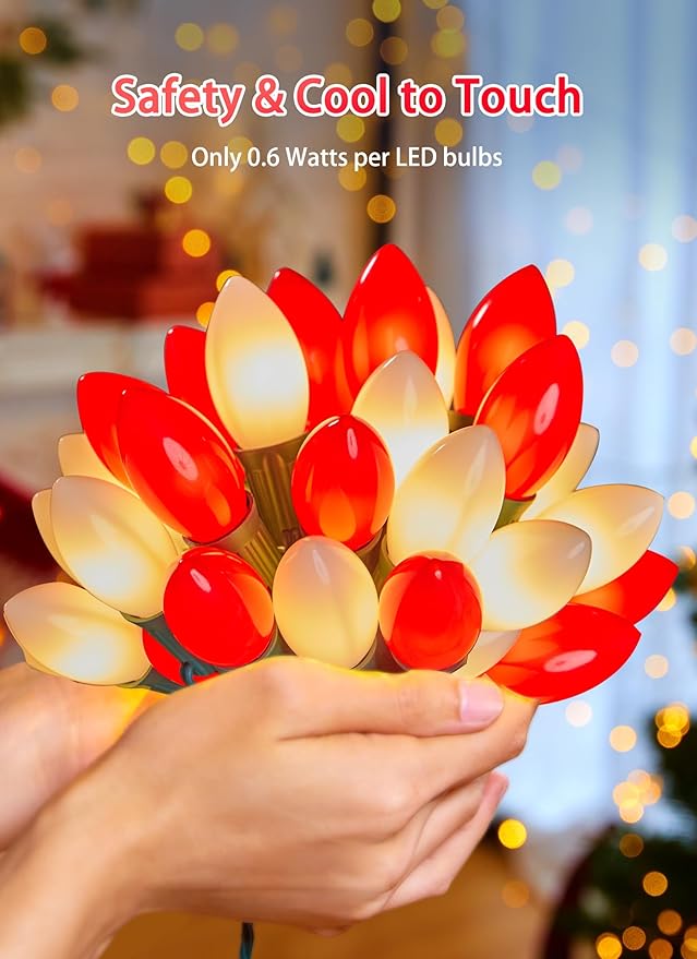 Vintage C9 LED Christmas Lights Outdoor, 100 Feet String Lights with 50 Shatterproof Bulbs, Waterproof Connectable Christmas Tree Lights for Outside Roofline Patio Xmas Decor, Red & Warm White