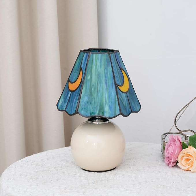 Mushroom Lamp Tiffany Lamp Stained Glass Table Lamp Moon Cute Small Bedside Lamps for Living Room Home Decor,Unique Aesthetic Home Living Room Decor Girls Women Birthday Day Gift,Sea Blue