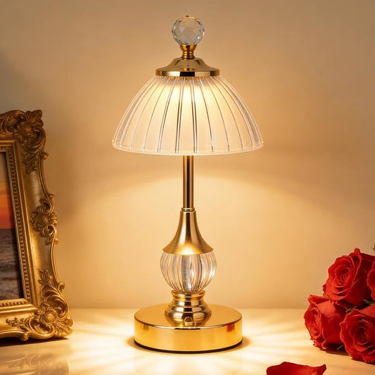 Vintage Gold Crystal Rechargeable Lamp Cordless, LED Touch Battery Operated Table Lamp, 3 Colors Dimmable Portable, Modern Home Decor, Bedroom, Bedside, Living Room, Kitchen, Pumpkin