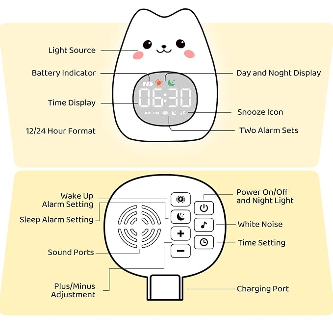 Cat Alarm Clock with Night Light for Kids with Sleep Training and Sound Machine, Rechargeable Silicone Lamp OK to Wake Clock，Cute Animal Tabletop Lamp, Perfect Sleep Companion for Boys Girls