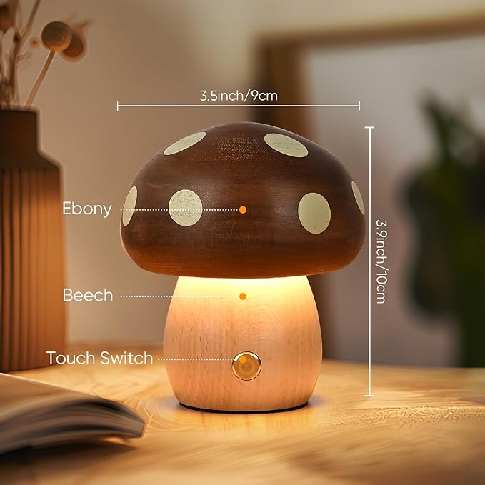 Cordless Wood Mushroom Lamp, Small Battery Operated Wooden Table Lamp Portable Night Light, 3-Level Dimmable Touch Control Warm LED Light for Bedroom, Nursery, Patio Decor