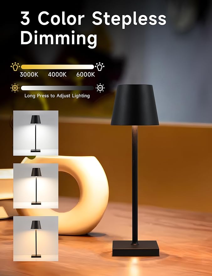 Black Cordless LED Desk Lamps Portable Powered by a 5000mAh Battery, offering stepless dimming and 3 Color Modes, for bedrooms, Restaurants, Bars, Camping, and Outdoor (Black-2pc)