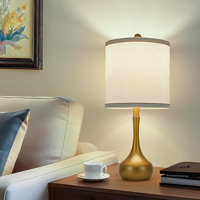 23" Farmhouse Table Lamp Set of 2, Golden Metal Modern Bedside Lamps for Living Room, 3 Color Temperature Rustic Table Lamps for Bedroom, Night Stands, Dorm,Office, Home Décor (Bulb Included)