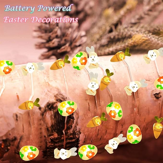Easter Decorations Battery Operated 17Ft Bunny Carrot Egg String Lights 50 LED Fairy Lights with Timer, Spring Decor for Indoor Outdoor Home Mantel Tree Egg Hunt Party Easter Decoration