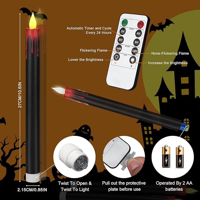 Flameless Taper Candles 10.6" Dripless Battery Operated Taper Candles Included Remote Timer 400+ Hours by 2AA Batteries for Halloween Christmas Wedding (Black+Burgundy, 6 Pack)