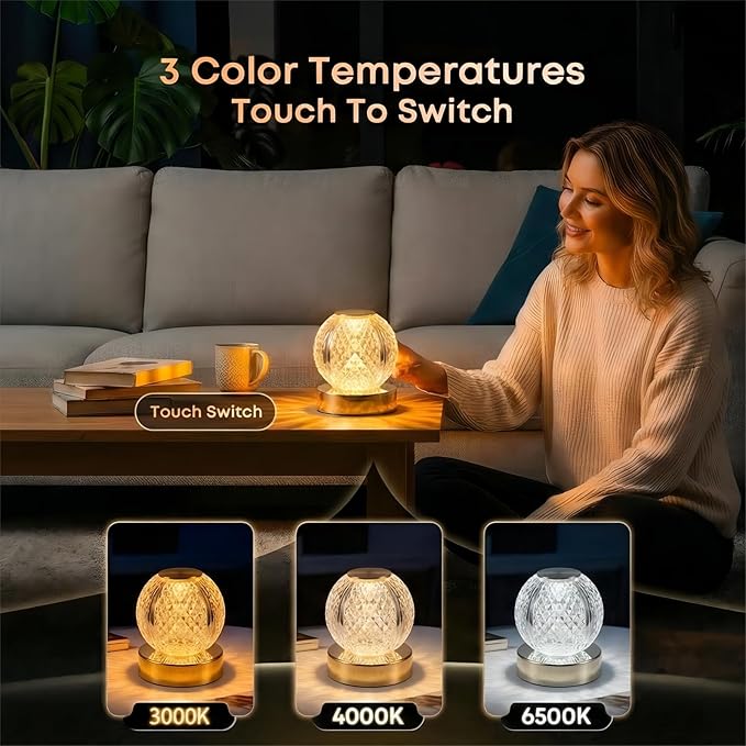 Rechargeable Crystal Bedside Lamp, Cordless Table Lamp with Remote & Touch Control, 3600mAh Fast Charging, 3 Color Dimmable Wall Mountable Night Light for Bedroom Home Decor(Gold)