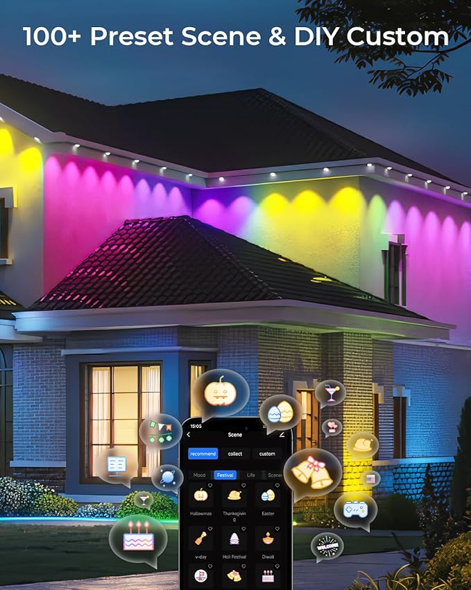 CINOTON Permanent Outdoor Lights Pro 200ft, Smart RGBCW Eaves Lights with 120 LEDs, IP67 Waterproof, 111 Scene Modes for Daily and Festival, Halloween Christmas Holiday Decor, APP/Voice/Remote Control