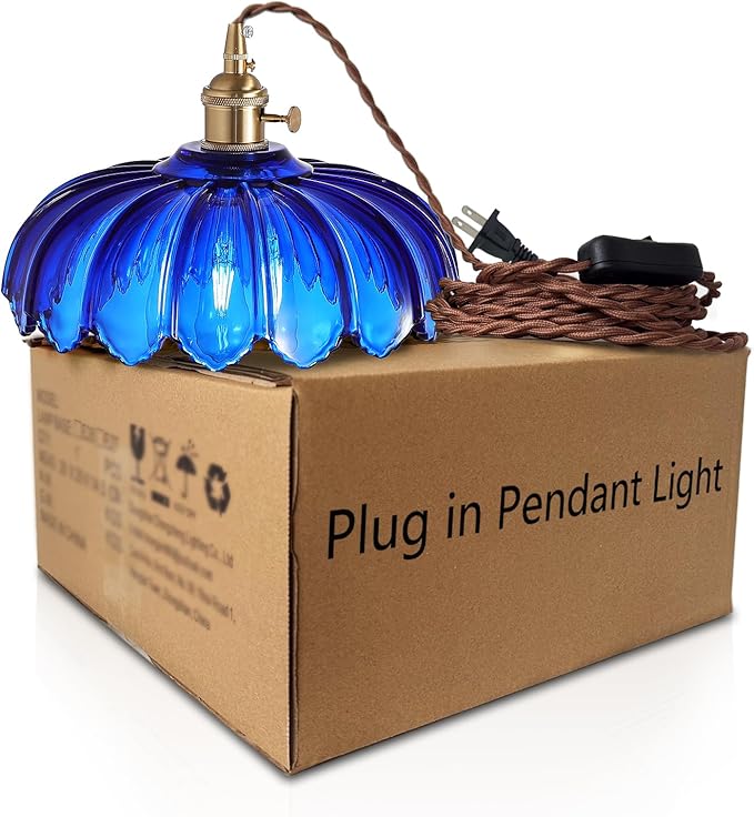 Plug in Pendant Light: Bule Hanging Light Plug in Fixture Hanging Lamp, Glass Pendant Lighting for Kitchen Island, Bedroom, Dining Room, Living Room, E26 No Bulb