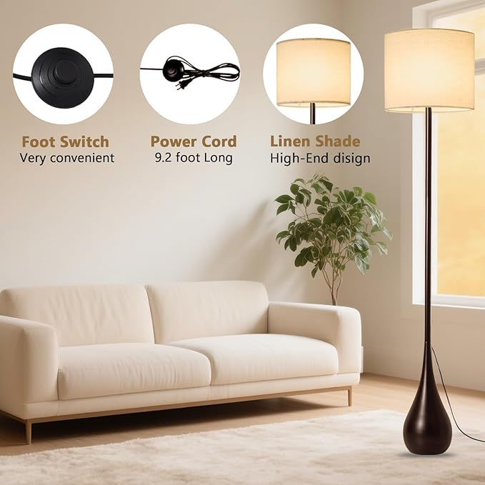 71" inch Contemporary Floor Lamps for Living Room Teardrop Mid Century Modern MCM Extal Tall Large Statement Floor Lamps Warm Light(3000k) Corner Standing Lamp for Bedroom-Black