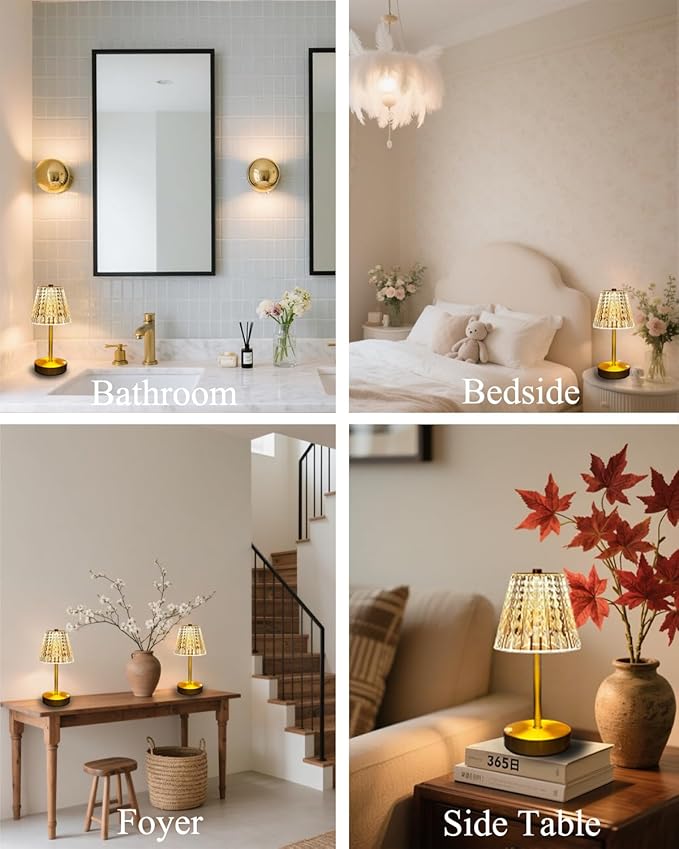 Set of 2 Rechargeable Table Lamps-Small Size Battery Powered Lamps-Cordless Desk Lamp for Restaurant Dinner Bathroom Kitchen Countertop Tabletop Ambient Lighting-Brushed Brass Gold Wireless Lamps