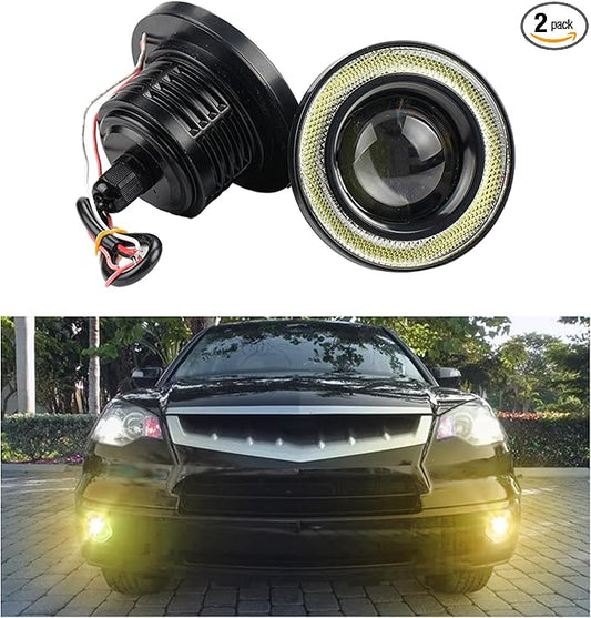 2 PCS Car Angel Eye Fog Light, 2.5'' Round COB LED Super Bright High Power Fog Angel Eye Projector with Halo Rings, Universal DRL Daytime Driving Light Fog Lamp Bulbs (Yellow)