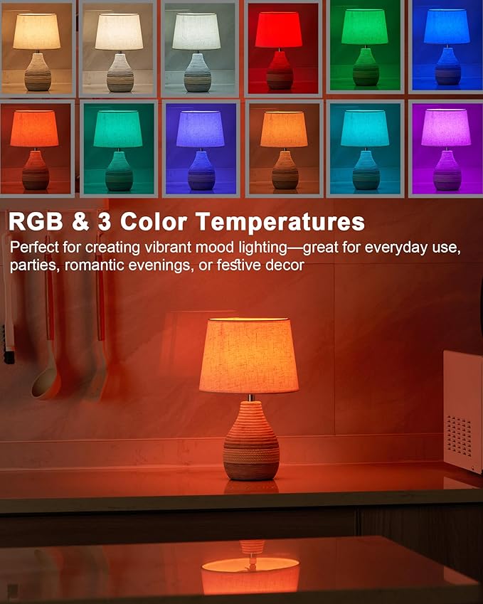 13" H Small Rechargeable Cordless Ceramic Table Lamp with Remote – RGB, Warm White Light, Timer, Dimmer – Battery Operated Lamp with Linen Shade for Patio, Bedroom, Living Room, Dining Table