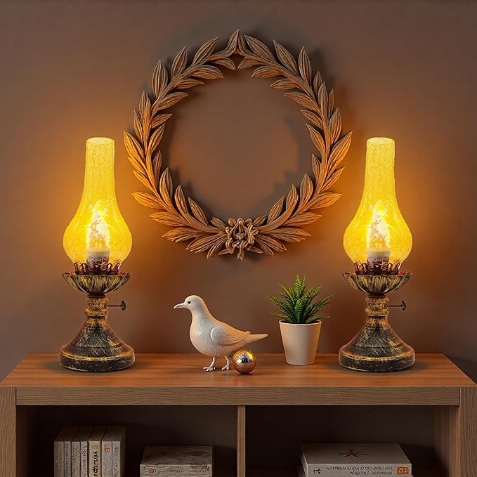 Vintage Table Lamp - 3 Modes Dimmable Retro Rustic Desk Lamp with Crackle Glass Shade, Antique Victorian Style, E26 Bulb Included, Ideal for Bedroom, Living Room, Home Decor (Yellow-Gold)