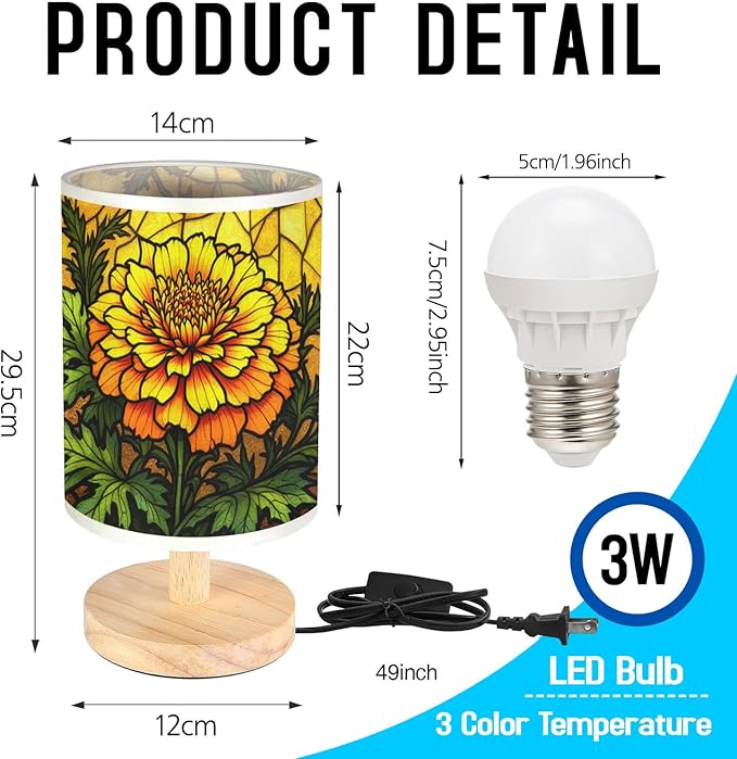 Marigold Table Lamp LED 3-Color Pressed Bedside, Marigold Shade Lamp with Wood Base for Bedroom Living Room Desk Office TL01