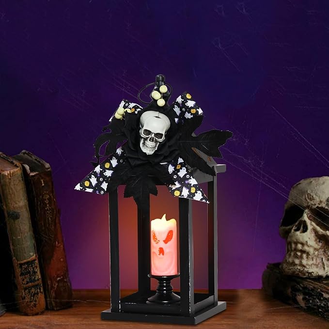 DECORKEY Halloween Decorations Indoor, 14.7" Decorative Candle Lantern with Skull Ornaments & LED Candle, Metal Hanging Spooky Halloween Lanterns for Outdoor Home Room Door Table Porch Party Decor