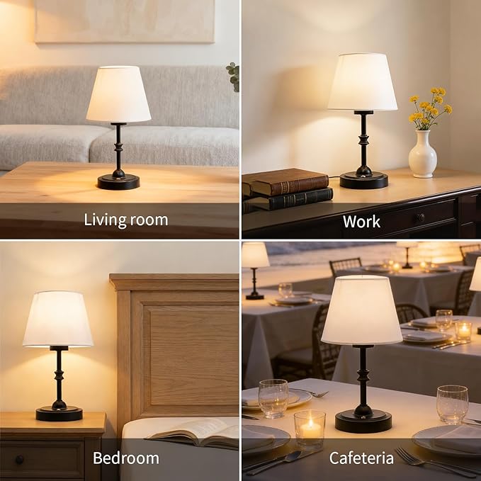 Portables Cordless Table Lamp, LED Fabric Shade Desk Lamp,Rechargeable Battery Operated，Lighting for Bedroom, Bedside,Bar,Living Room, Dining Room, Night Light (Black)