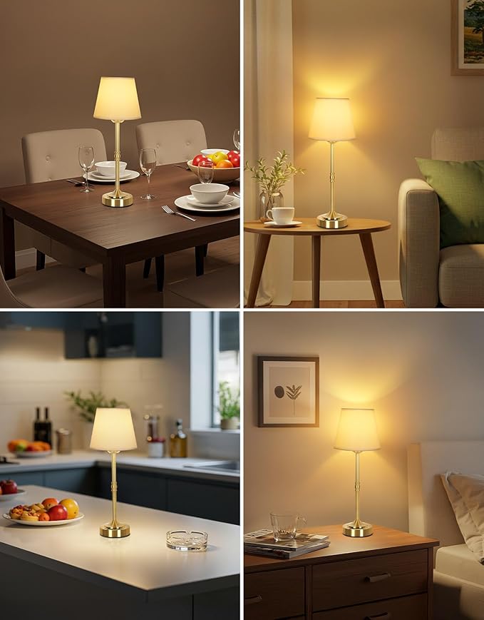 OUTON 2 Pack Cordless Table Lamp Rechargeable, Touch Dimmable LED Lamp with Fabric Shade, 3 Color Temperatures, USB-C Charging, Battery Display, Memory Function for Bedroom Living Room Patio, Gold