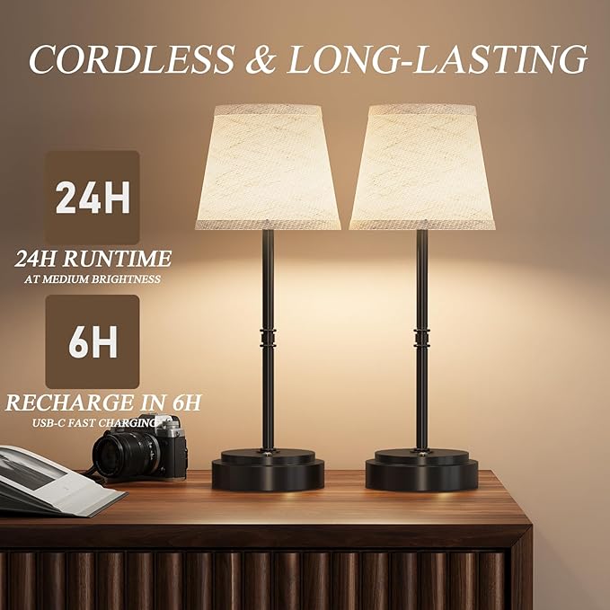 Cordless Table Lamp Rechargeable Black - 1 Pack 7500mAH Battery Operated Lamp for Decor, 3000K Stepless Dimming Touch Control Wireless Lamp for Bedroom, Dining Table, Counter, Living Room
