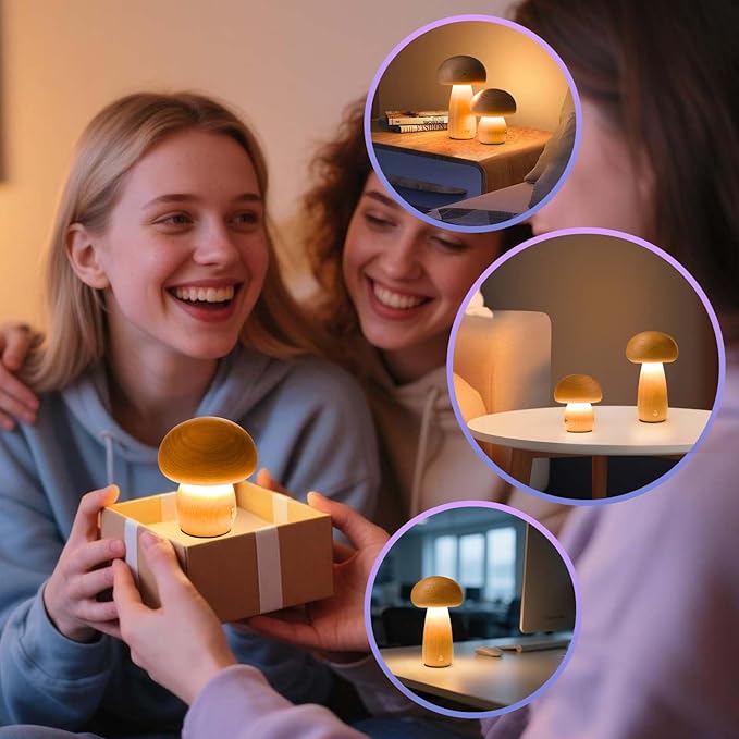 Mushroom-Night-Lights Rechargeable, Cordless Wooden Mushroom Table Lamps, Portable Desk Lamps for Bedroom, Studyroom, Living Room, Office, Birthday Gifts(2 Packs)