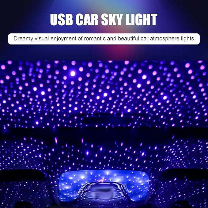 Car USB Star Night Light, Rotating Romantic Starry Sky Ceiling Light, Multi-Mode Sound Reactive Ambient Lamp, Portable Car Ceiling Lights (Purple)