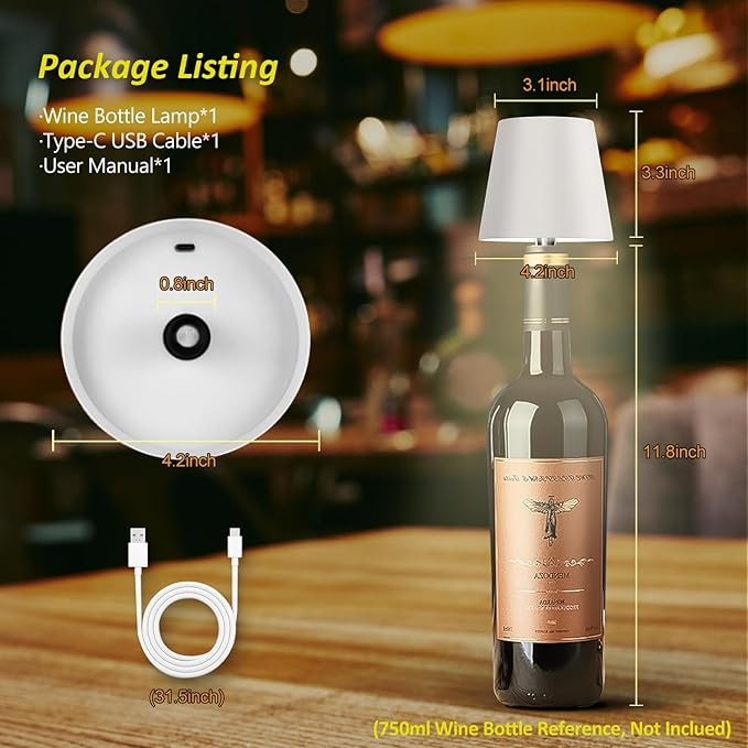 2025 New Wireless Bottle Lamp - LED Bottle Lights for Liquor & Wine Bottles, Cordless Lampshade, Whiskey Bottle Top Light, Bottle Stopper Night Light Kit, Rechargeable 3-Tone Touch-Dimmable
