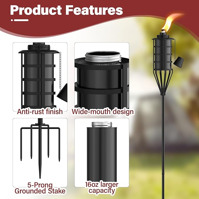 Home Garden Torch Set of 6，Large Capacity 22oz Outdoor Metal Torch Garden Décor，59.5 inch Upgraded Citronella Torches with 5-Prong Grounded Stake，Metal Torch Light for Party Patio Pathway