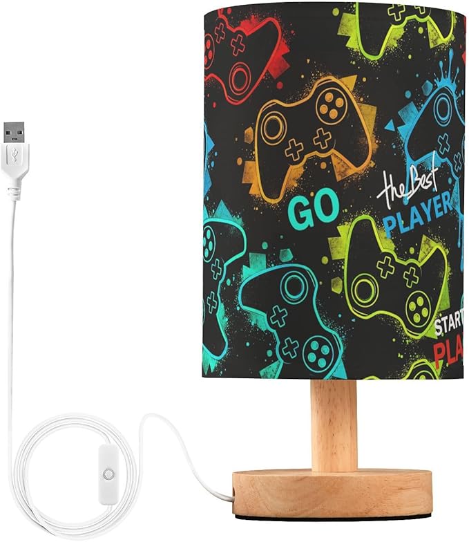Bedside Table Lamp Video Game Nightstand Lamp with Wood Gaming Gamer Colorful Desk Lamps for Bedroom Living Room Nursery Office Home Decor