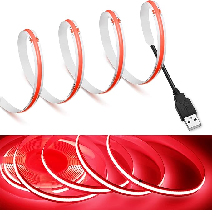 MDee】COB LED Strip Lights Red3.28ft/1m USB Powered 5V Flexible LED Tape Lights with USB Connector CRI 90+ 800LM/m 320LEDs/m for Indoor and Outdoor Décor（Red,3.28ft/1m）