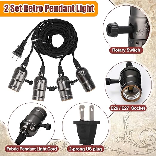 2 Pcs Vintage Pendant Light Sockets Light Cord Kit with Switches DIY Bulb Socket with Cord for E26 E27 Lamp Socket Lantern Bedroom Living Room Decor (1 Plug with 4 Sockets,Black)