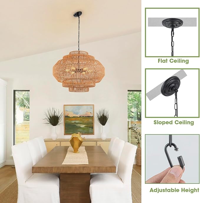 Large Rattan Chandelier Boho Pendant Light Fixture Dinning Room Chandelier Boho Hanging Light 31.5IN Basket Light Woven Rattan Pendant Light for Kitchen Island Hallway Bedroom Farmhouse Living Room