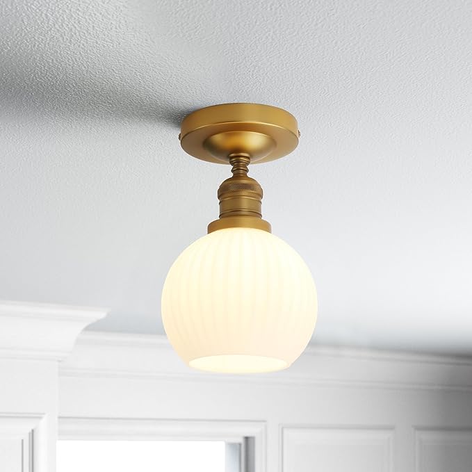 Industrial Globe Semi Flush Mount Pendant Ceiling Light with White Glass Lampshade, Vintage Close to Ceiling Light Fixture for Porch, Hallway, Entryway, Kitchen, Bedroom, Hotel