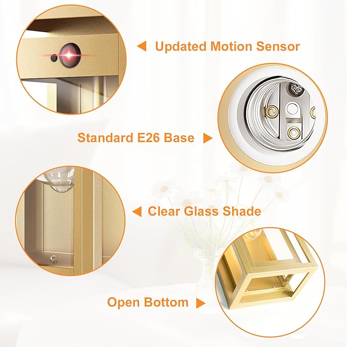 15" Motion Sensor Gold Outdoor Light Fixture Wall Mount, 3 Lighting Modes Waterproof Anti-Rust Wall Sconces, 2 Pack Exterior Lighting Fixtures for Front Door, Porch, Garage