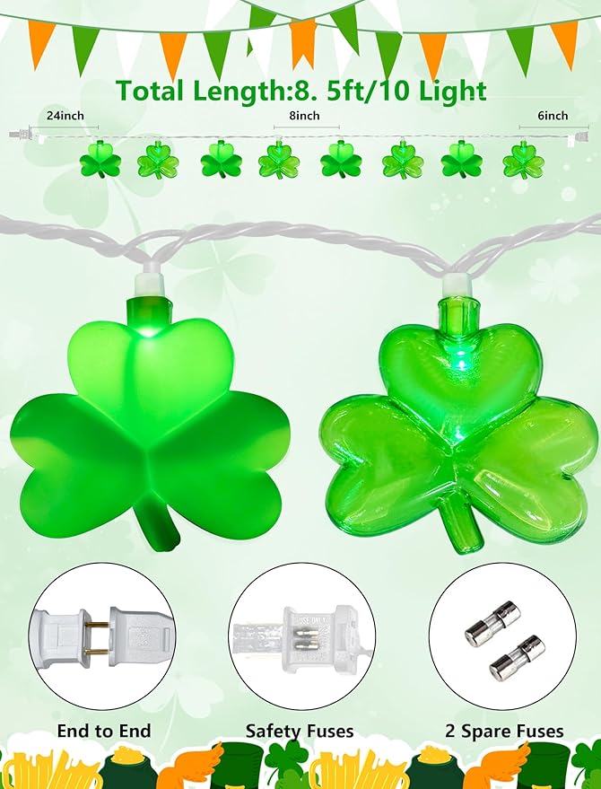 8.5Ft Shamrock String Lights Outdoor, St Patricks Day Decorations Lights with 10 LED Green Clover Lights, Plug in Shamrock Fairy Light for Window Patio Garden Party Irish St. Patricks Day, White Wire
